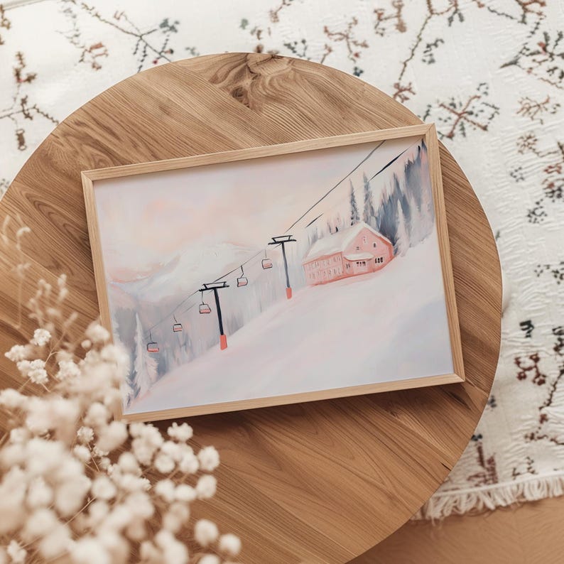 Pink Christmas Ski Lodge Wall Art, PRINTABLE Snowy Winter Painting, Pink Mountain Landscape Print, Winter Home Decor, Vintage Ski Lift Print, Abstract Acrylic Painting, Matisse Style, Soft Pastel Colors, Digital Download Art, Snowy Pink Landscape