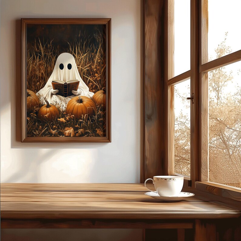 Cute Ghost Reading Print, Autumn Decor, Halloween Book Painting ...