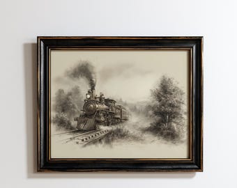 Desenho de trem a vapor vintage para imprimir - Arte de parede com locomotiva antiga, decoração com esboço de ferrovia 82-21