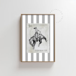 Retro Rodeo Cowboy-Druck, Westernwandkunst, Vintage-Briefmarkenstil, Schwarz-Weiß-Cowboy-Dekor, digitaler Download