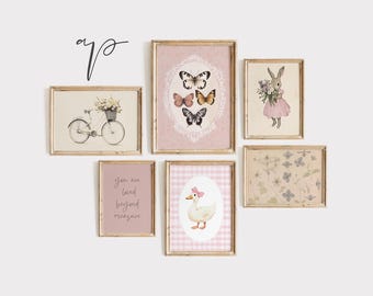 May include: A set of six framed prints with a pink and white color scheme. The prints feature a bicycle, butterflies, a bunny, a duck, and text that says "You are loved beyond measure".