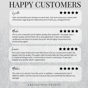 May include: A customer review graphic with the text "HAPPY CUSTOMERS" at the top. The reviews are from Lynette, Nicole, Lauren, and Natalie, each with a 5-star rating. The Arlington Prints logo is at the bottom.