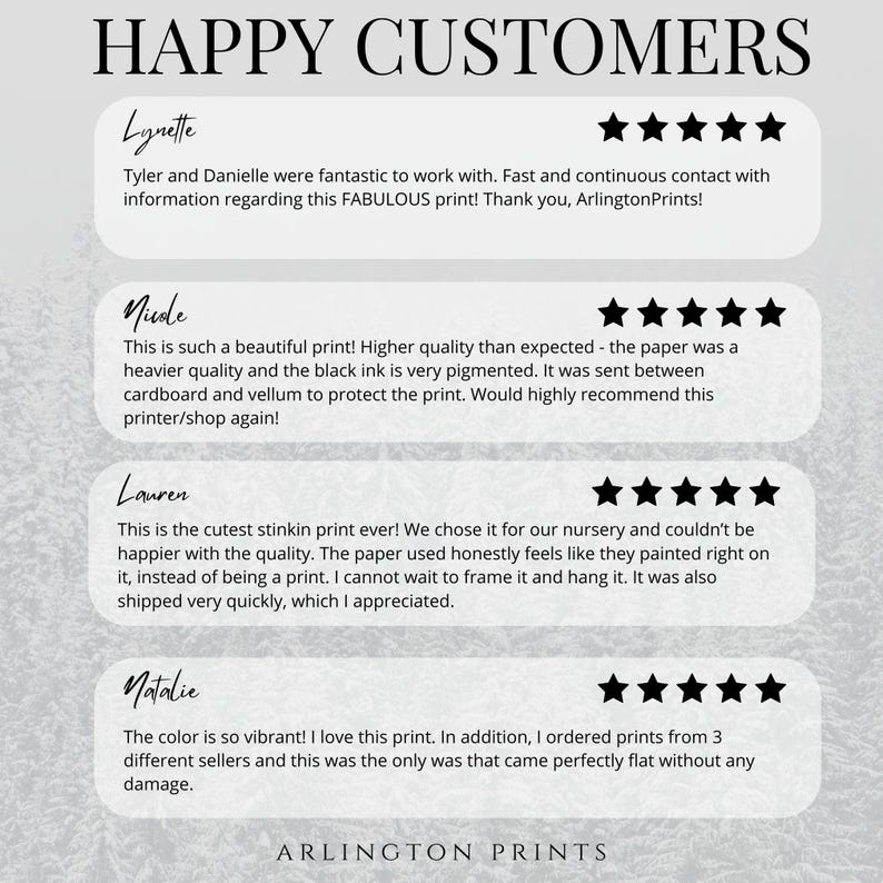 May include: A customer review graphic with the text "HAPPY CUSTOMERS" at the top. The reviews are from Lynette, Nicole, Lauren, and Natalie, each with a 5-star rating. The Arlington Prints logo is at the bottom.