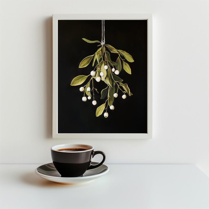 Printable mistletoe wall art with green leaves and white berries on a dark background, vintage rustic Christmas holiday print
