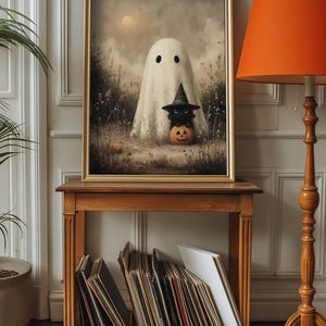 Set of 4 cute Halloween ghost art prints, vintage spooky fall wall decor, rustic autumn printable artwork, cottagecore Halloween home decoration