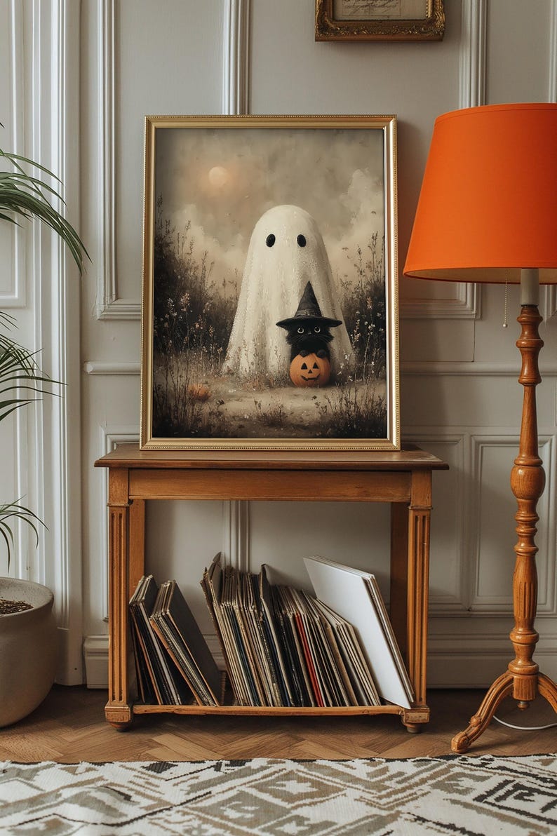 Set of 4 cute Halloween ghost art prints, vintage spooky fall wall decor, rustic autumn printable artwork, cottagecore Halloween home decoration