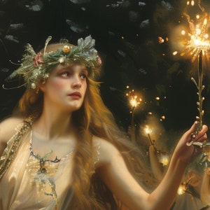 May include: A woman with long blonde hair wears a crown of greenery and holds a lit sparkler. She is surrounded by other figures holding sparklers, creating a magical and festive atmosphere.