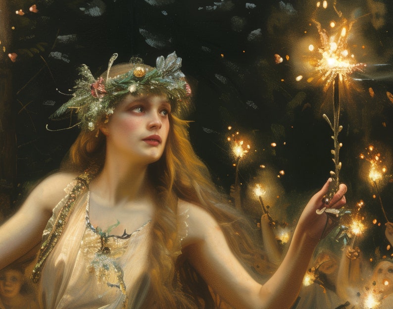 May include: A woman with long blonde hair wears a crown of greenery and holds a lit sparkler. She is surrounded by other figures holding sparklers, creating a magical and festive atmosphere.