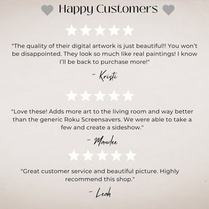 May include: A white background with three customer reviews. The reviews are positive and mention the quality of the digital artwork, the addition of art to the living room, and the great customer service. The reviews are written in a casual and friendly tone.