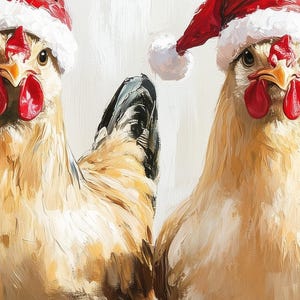 Whimsical Christmas chicken wall art print featuring three chickens in Santa hats, festive farmhouse holiday nursery decor, rustic and playful seasonal artwork