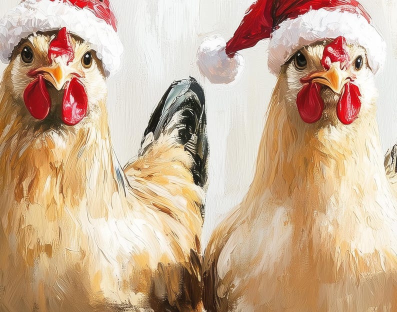 Whimsical Christmas chicken wall art print featuring three chickens in Santa hats, festive farmhouse holiday nursery decor, rustic and playful seasonal artwork