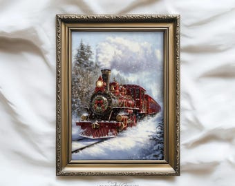 Christmas Polar Express Train, Antique Winter Painting, Vintage Train Printable Art, Nostalgic Steam Locomotive Scene, Holiday Decor