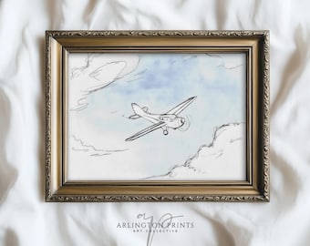 Vintage Airplane Wall Art Print, Nursery Aviation Sketch for Baby Boy Room, Retro Pilot Decor, Mailed Wall Art Poster #5010