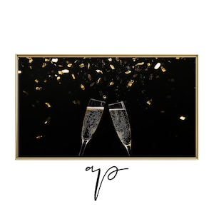 New Years Frame TV Art, Abstract Confetti Painting, Christmas NYE Samsung Frame TV Art, Gold Black Screensaver, Holiday Champagne | TV439