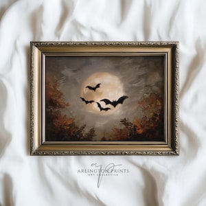 Spooky Halloween Bats Print, Full Moon Wall Art, Autumn Leaves Painting, Dark Gothic Decor, Vintage Haunted Home Artwork 12-20
