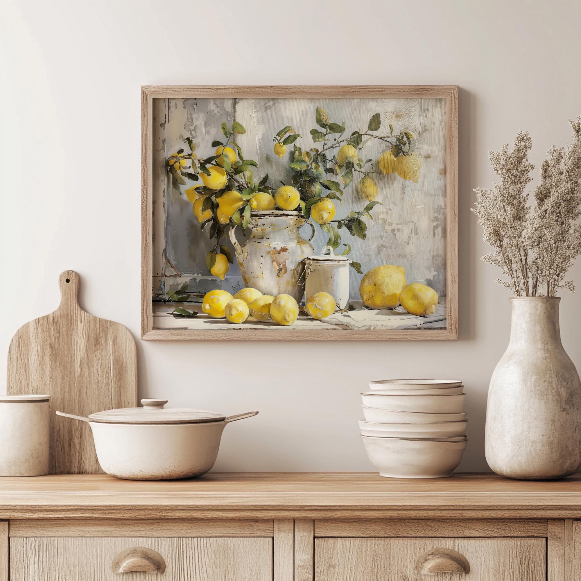 boho farmhouse kitchen decor paintings prints |... Rustic Farmhouse Kitchen Painting | Printable Still Life Lemon Wall Art ...