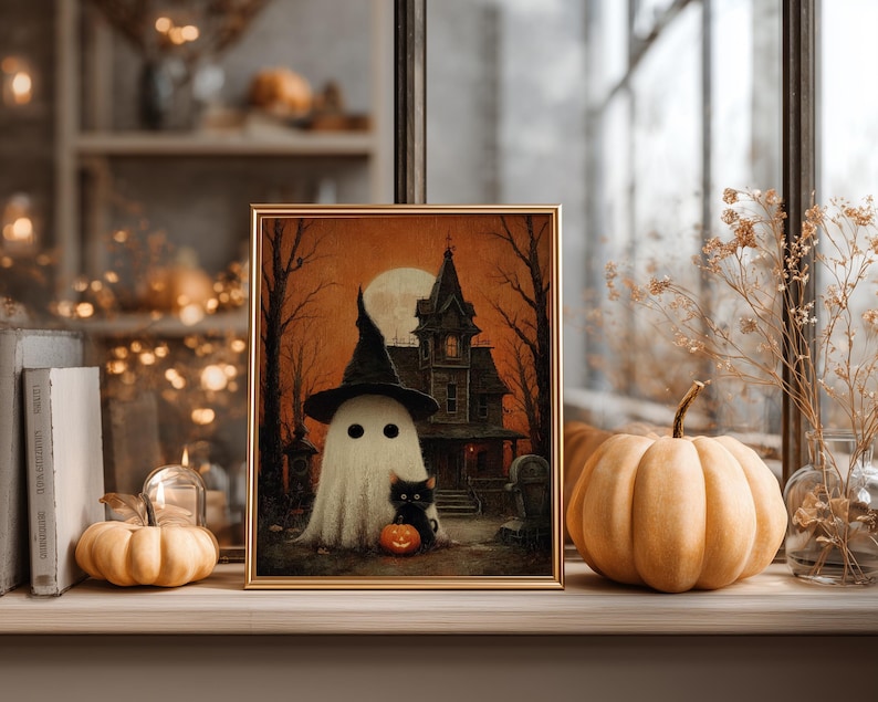 Vintage-style Halloween wall art featuring a cute ghost in a witch hat, a black cat with a glowing pumpkin, and a haunted house under a full moon. Perfect printable art for spooky and gothic Halloween decor.