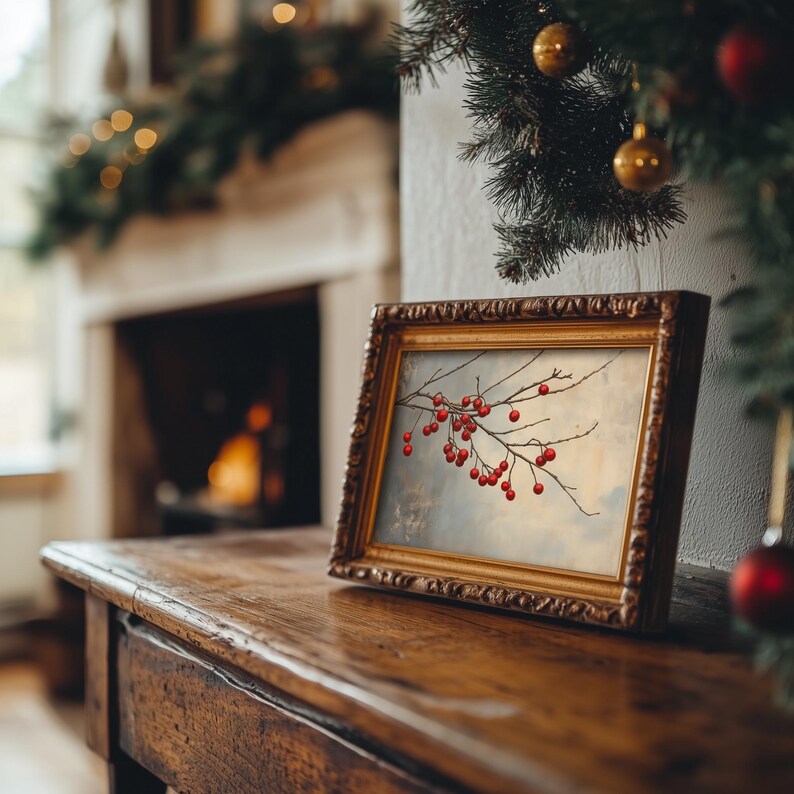 Rustic Berry Branch Painting, PRINTABLE Red Berries Holiday Wall Art