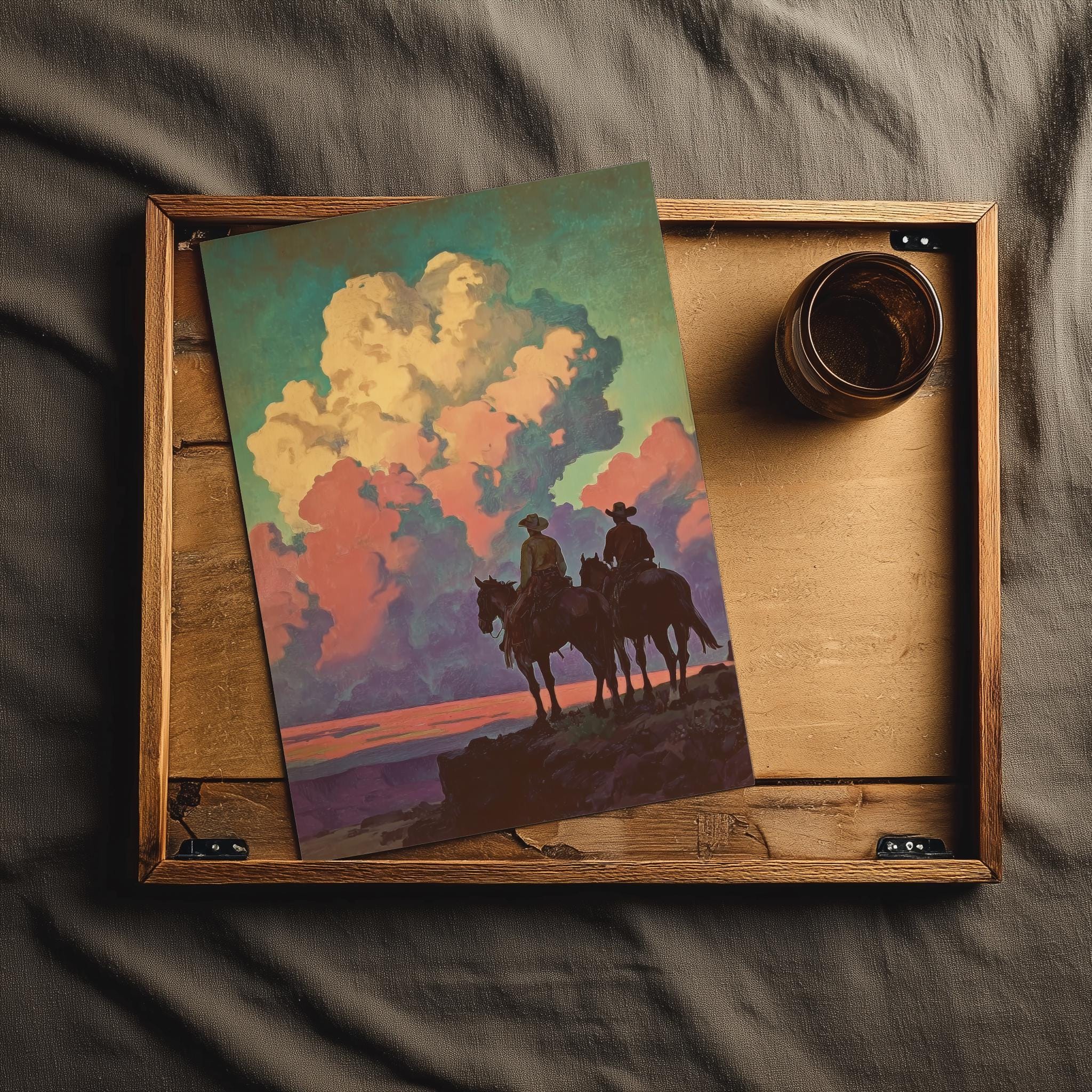 ウエスタンカウボーイのサンセットウォールアート、馬のいる砂漠の絵画