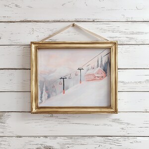 Pink Christmas Ski Lodge Wall Art, PRINTABLE Snowy Winter Painting, Pink Mountain Landscape Print, Winter Home Decor, Vintage Ski Lift Print, Abstract Acrylic Painting, Matisse Style, Soft Pastel Colors, Digital Download Art, Snowy Pink Landscape