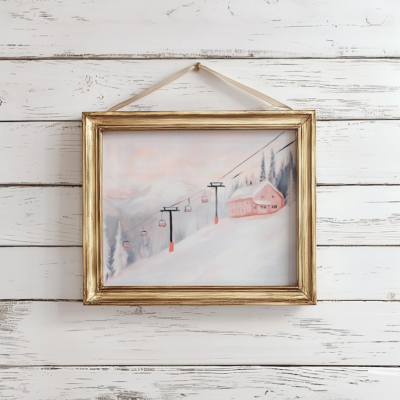Pink Christmas Ski Lodge Wall Art, PRINTABLE Snowy Winter Painting, Pink Mountain Landscape Print, Winter Home Decor, Vintage Ski Lift Print, Abstract Acrylic Painting, Matisse Style, Soft Pastel Colors, Digital Download Art, Snowy Pink Landscape