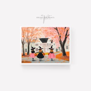 Pink Halloween Witches Wall Art, Cute Girls Trick or Treating Painting, Aesthetic Colorful Fall Decor, Autumn Printable Girl&#39;s Room S53