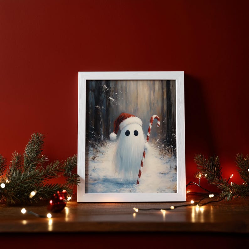 Christmas Halloween Art, Cute Christmas Candy Cane Ghost, Digital