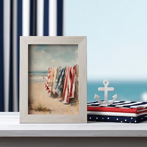 Beach scene with red, white, and blue towels hanging on a wooden fence, ocean waves and swimmers in the background. Coastal Americana style perfect for summer or 4th of July decor. Patriotic Beachy Wall Art, Coastal 4th of July PRINTABLE, Red White Blue Beach Towels, Vintage Summer Seaside Decor, Retro Americana Print