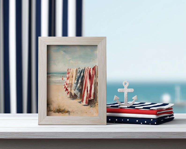 Beach scene with red, white, and blue towels hanging on a wooden fence, ocean waves and swimmers in the background. Coastal Americana style perfect for summer or 4th of July decor. Patriotic Beachy Wall Art, Coastal 4th of July PRINTABLE, Red White Blue Beach Towels, Vintage Summer Seaside Decor, Retro Americana Print