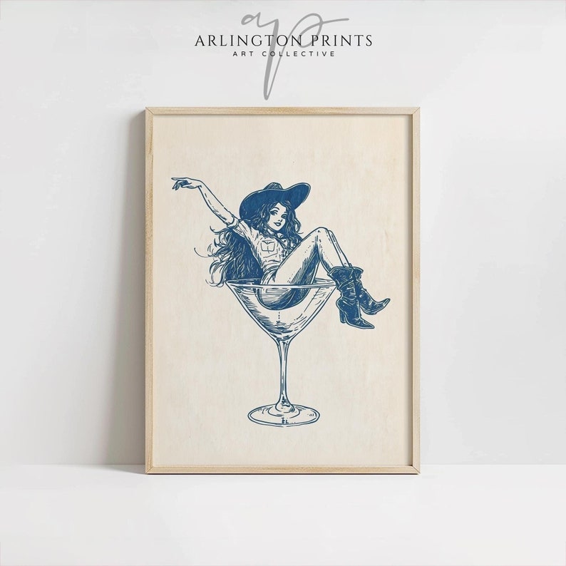 Retro Coastal Cowgirl Art, PRINTABLE Cocktail Wall Art, Girly Bar Cart Print, Coupe Glass Poster, Cute Apartment Poster, Dorm Room Print, 50s Vibe, Midcentury-Modern, Country Western Chic, Cowgirl Drawing, Digital Download Art, Navy Blue and Beige