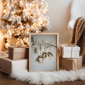 Funny Christmas bathroom print featuring toilet paper ornaments with red bows and greenery on a snowy pine branch, humorous holiday wall art digital download.