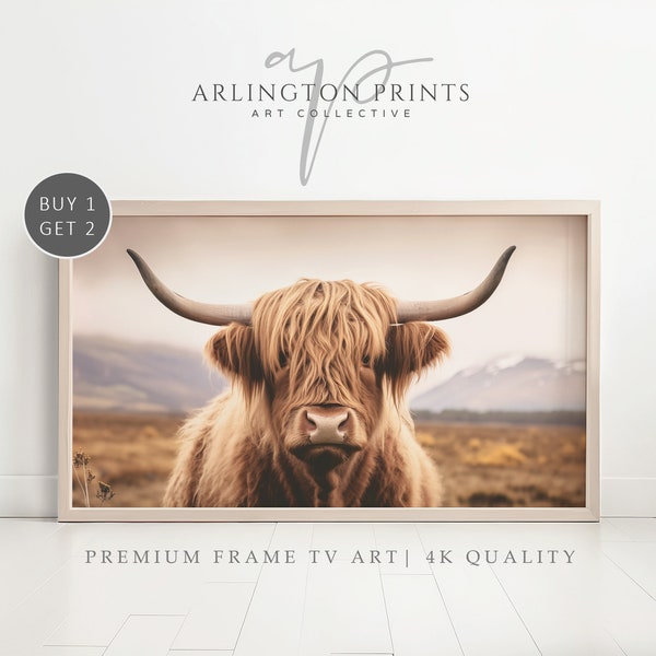 Illustration pour téléviseur avec cadre Samsung | Art vache Highland | Décoration de ferme | Téléchargement instantané