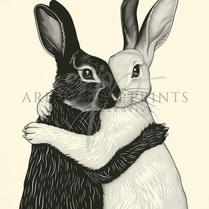 Rabbit Art Print, Rustic Cottage Aesthetic, Bunnies, Farmhouse Nursery, Instant Download, Poster Print, Rabbit Artwork, Folk Art Printable, Hygge Art, Scandinavian Minimalist, Black and White, Monochrome, Modern Art, Friendship, Vintage Illustration