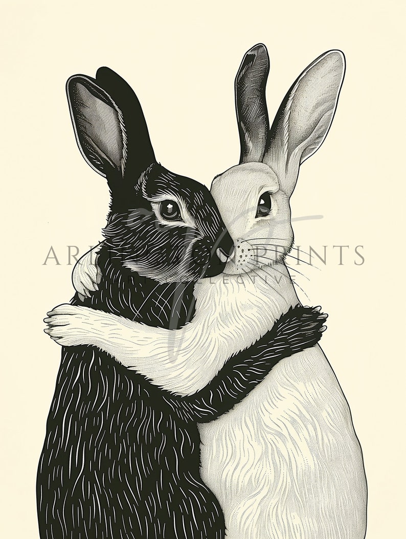 Rabbit Art Print, Rustic Cottage Aesthetic, Bunnies, Farmhouse Nursery, Instant Download, Poster Print, Rabbit Artwork, Folk Art Printable, Hygge Art, Scandinavian Minimalist, Black and White, Monochrome, Modern Art, Friendship, Vintage Illustration