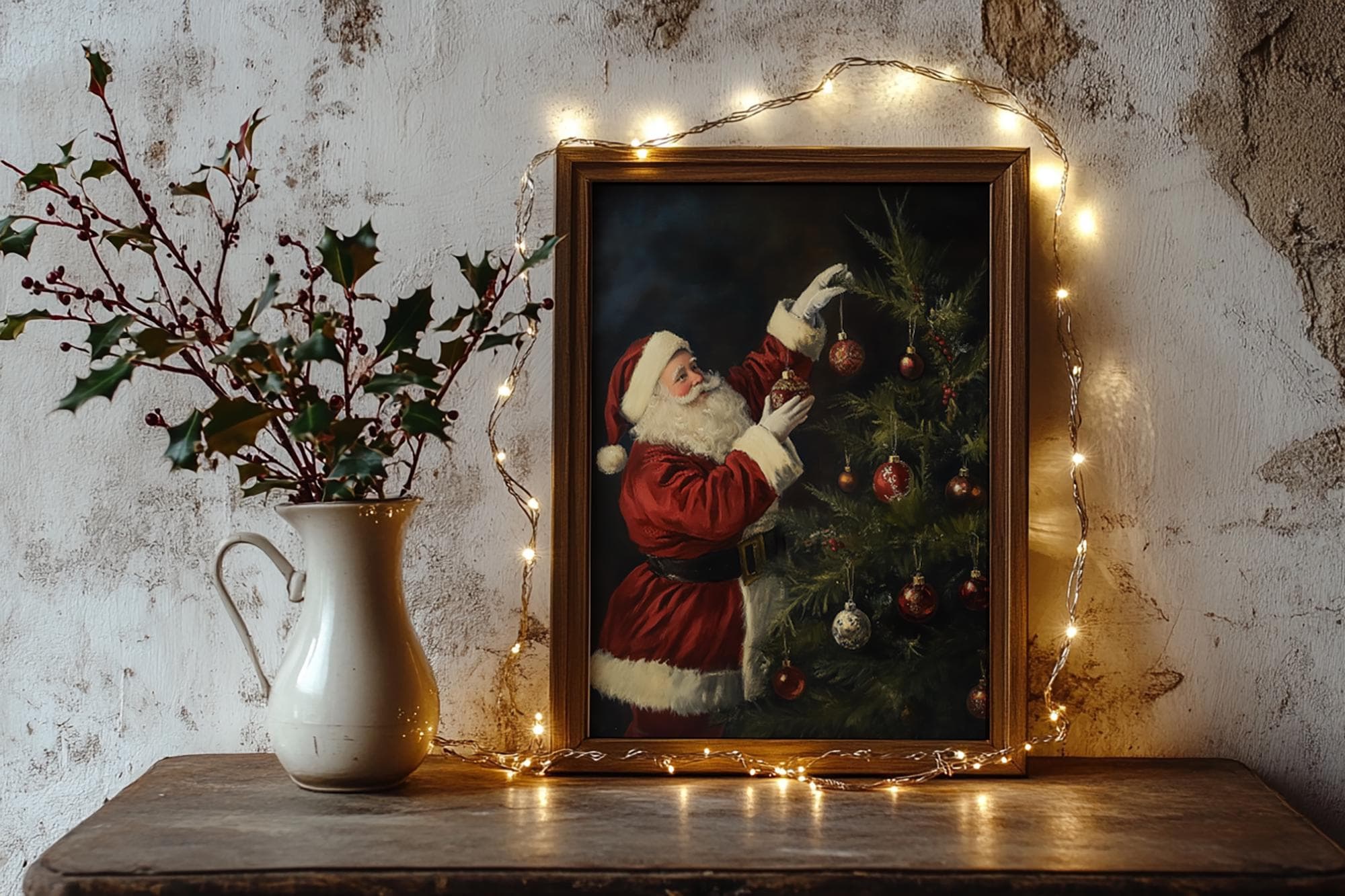 ダークヴィンテージのクリスマスサンタクロース絵画、華やかな