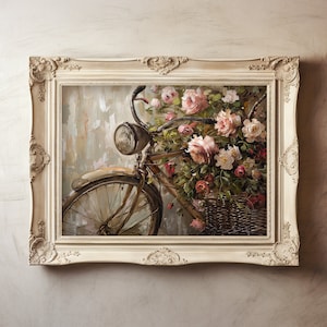 May include: A vintage bicycle with a basket overflowing with pink and white roses. The bicycle is painted in a rustic brown color and has a large, round headlight. The roses are arranged in a basket on the handlebars of the bicycle.