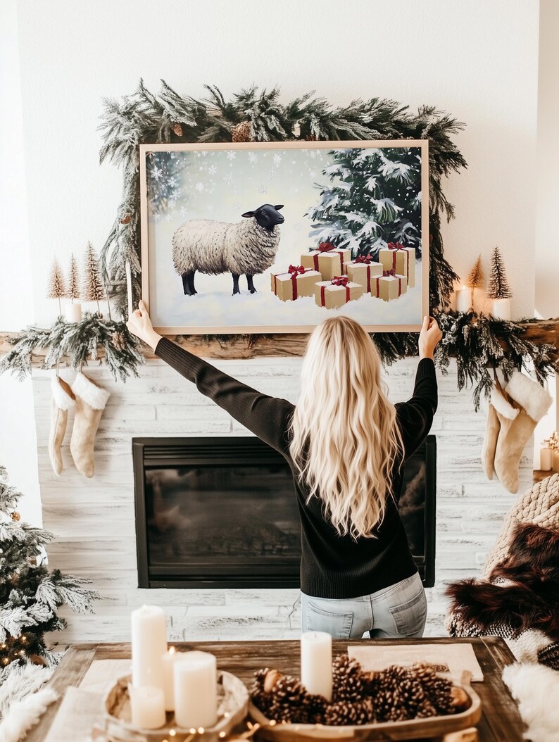 Mailed Print, Sheep Christmas Tree Wall Art, PRINTED AND SHIPPED, Xmas