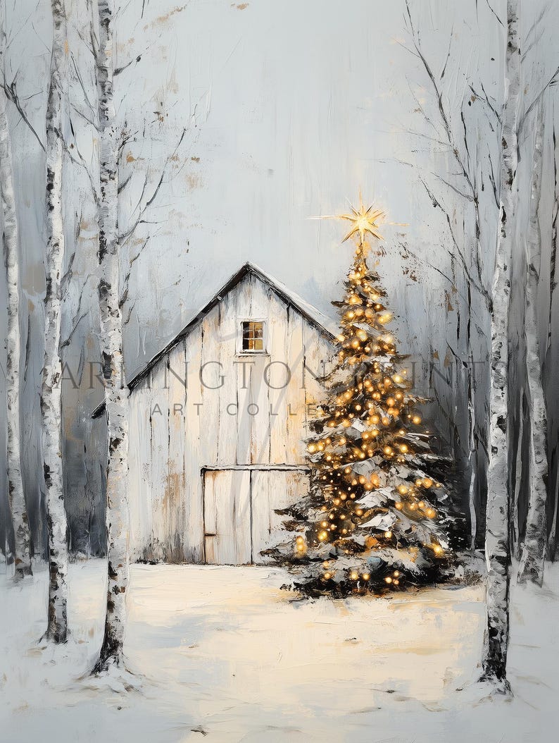 Vintage Rustic Christmas Barn Wall Art, PRINTABLE White Winter ...