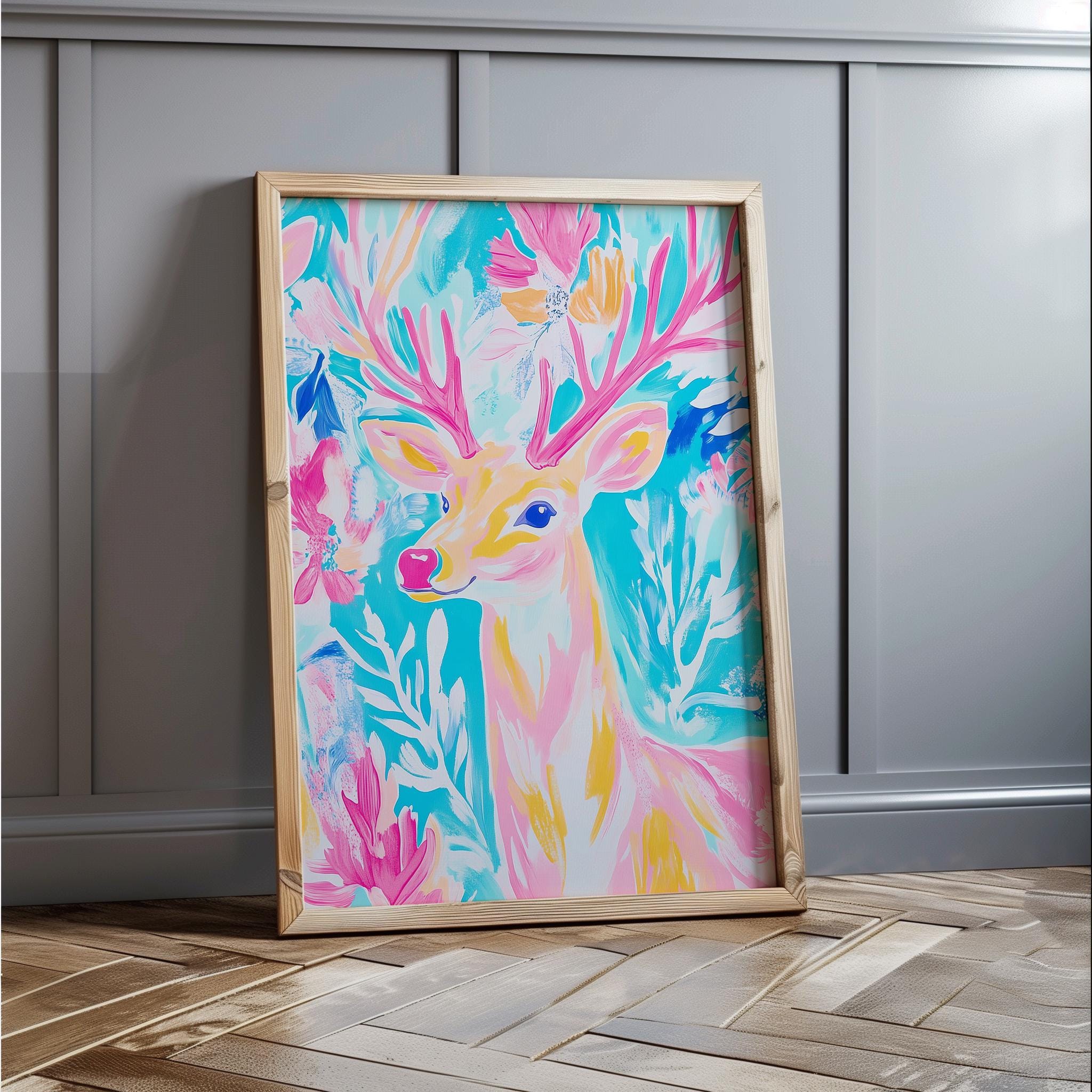 Abstract Pastel Rudolph Christmas Wall Art, Printable Winter Art, Blue ...