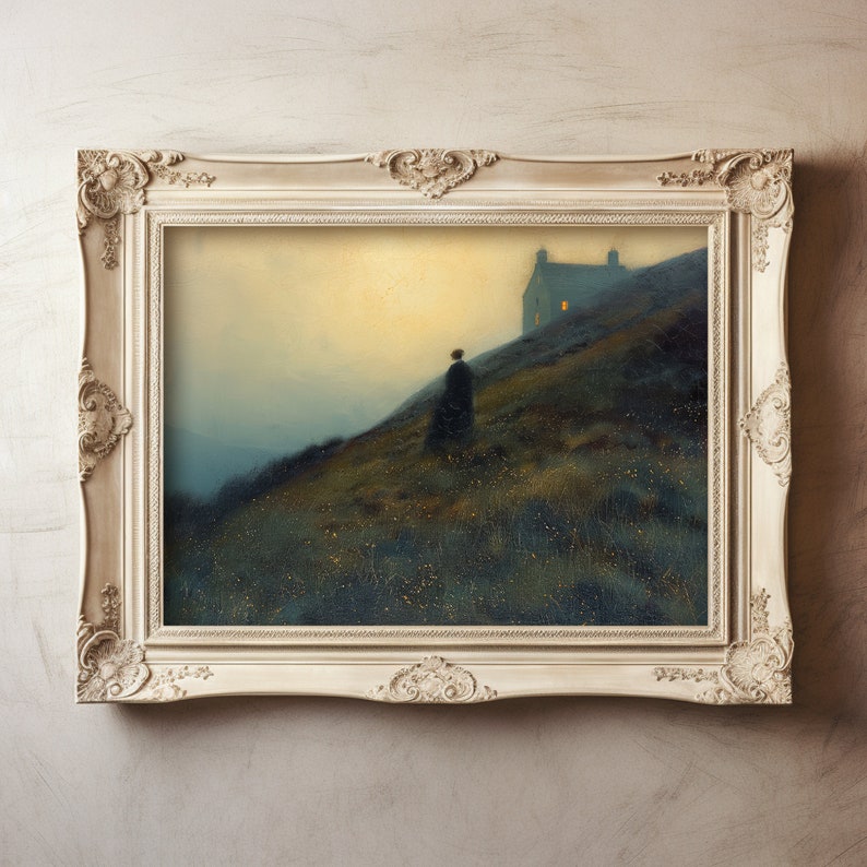 Gothic Art Print, Bronte Sisters, Jane Eyre Inspired, Dark Academia, Antique Wall Art, Vintage Gothic Art, Black Dress, Moody Wall Art, Dark Landscape, Wildflower Field, Dark Cottagecore, England, English Country, Instant Download, Digital Download