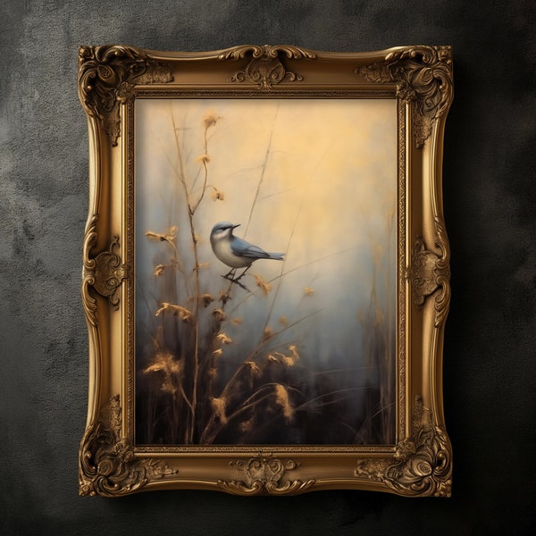 Vintage Blue Bird Print | Moody Bird Wall Art | Dark Academia | Cabin Decor | Antique Oil Painting | Goth Cottagecore | Digital Download