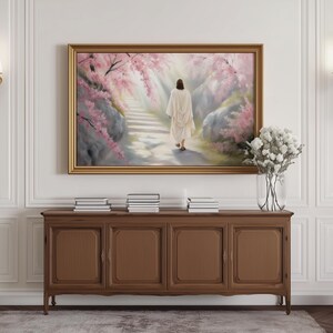 Frame TV art featuring Jesus Christ resurrected, walking up a path surrounded by glowing cherry blossom trees, in a soft pastel spring setting. Spiritual and serene Christian artwork designed for Samsung Frame TV, ideal for Easter and springtime décor.