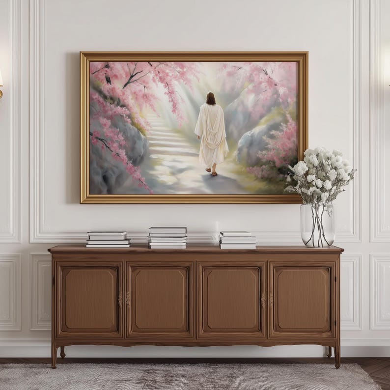 Frame TV art featuring Jesus Christ resurrected, walking up a path surrounded by glowing cherry blossom trees, in a soft pastel spring setting. Spiritual and serene Christian artwork designed for Samsung Frame TV, ideal for Easter and springtime décor.