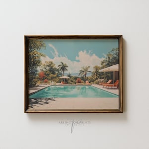 Retro Poolside Printable Wall Art, Vintage Palm Springs Resort Scene, Mid Century Modern Decor