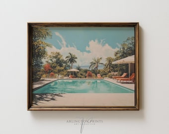 Retro Poolside Printable Wall Art, Vintage Palm Springs Resort Scene, Mid Century Modern Decor