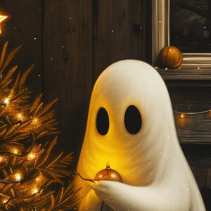 K&ouml;nnte beinhalten: Ein wei&szlig;er Geist h&auml;lt einen goldenen Anh&auml;nger vor einem Weihnachtsbaum mit blinkenden Lichtern. Der Geist steht vor einer Holzwand mit einem Bilderrahmen dar&uuml;ber.