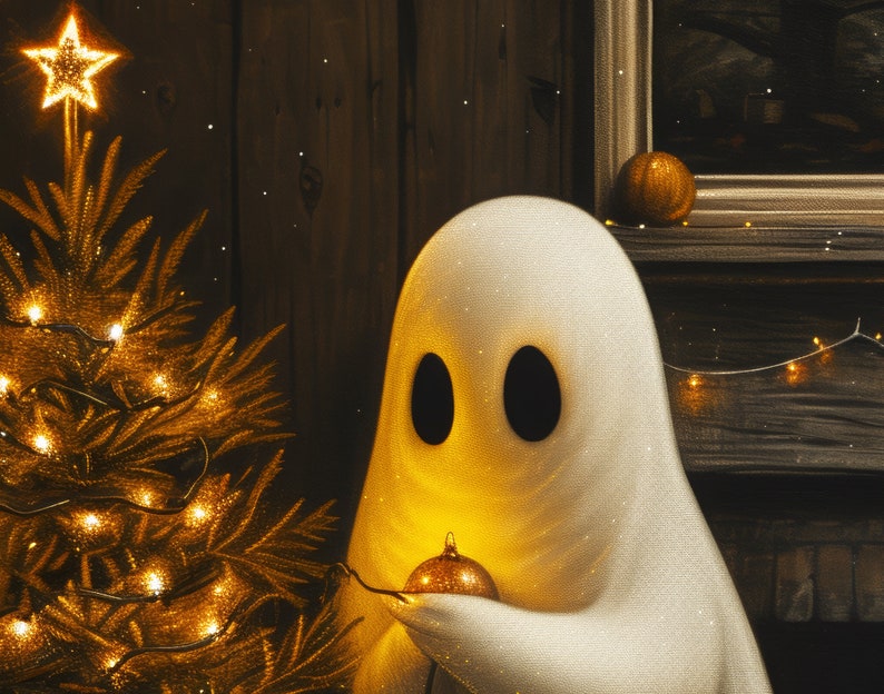 K&ouml;nnte beinhalten: Ein wei&szlig;er Geist h&auml;lt einen goldenen Anh&auml;nger vor einem Weihnachtsbaum mit blinkenden Lichtern. Der Geist steht vor einer Holzwand mit einem Bilderrahmen dar&uuml;ber.