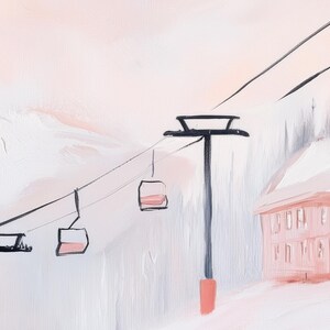 May include: A painting of a ski resort with a pink and white color scheme. The painting features a ski lift with three gondolas and a building with windows. The sky is a light pink color and the mountains are covered in snow.