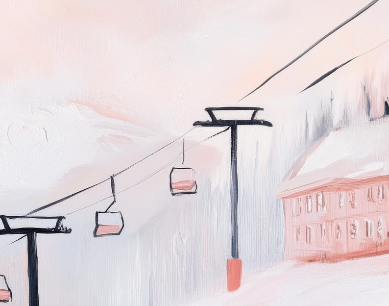 May include: A painting of a ski resort with a pink and white color scheme. The painting features a ski lift with three gondolas and a building with windows. The sky is a light pink color and the mountains are covered in snow.