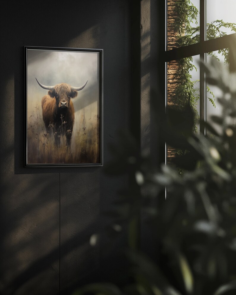 Vintage Highland Cow Print, Dark Aesthetic Art